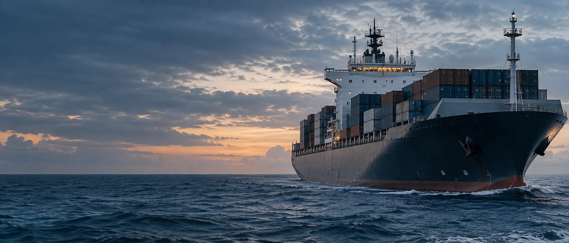 Illustration of a container vessel at sea at dusk