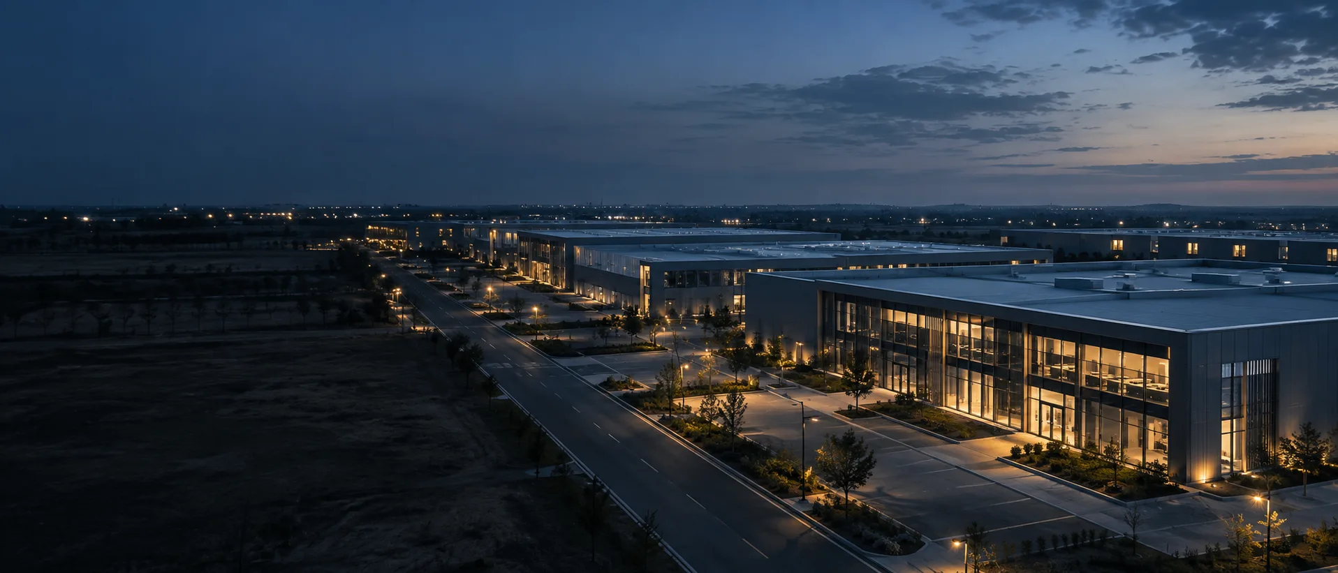 Illustration of a commercial campus with several buildings and connecting access roads