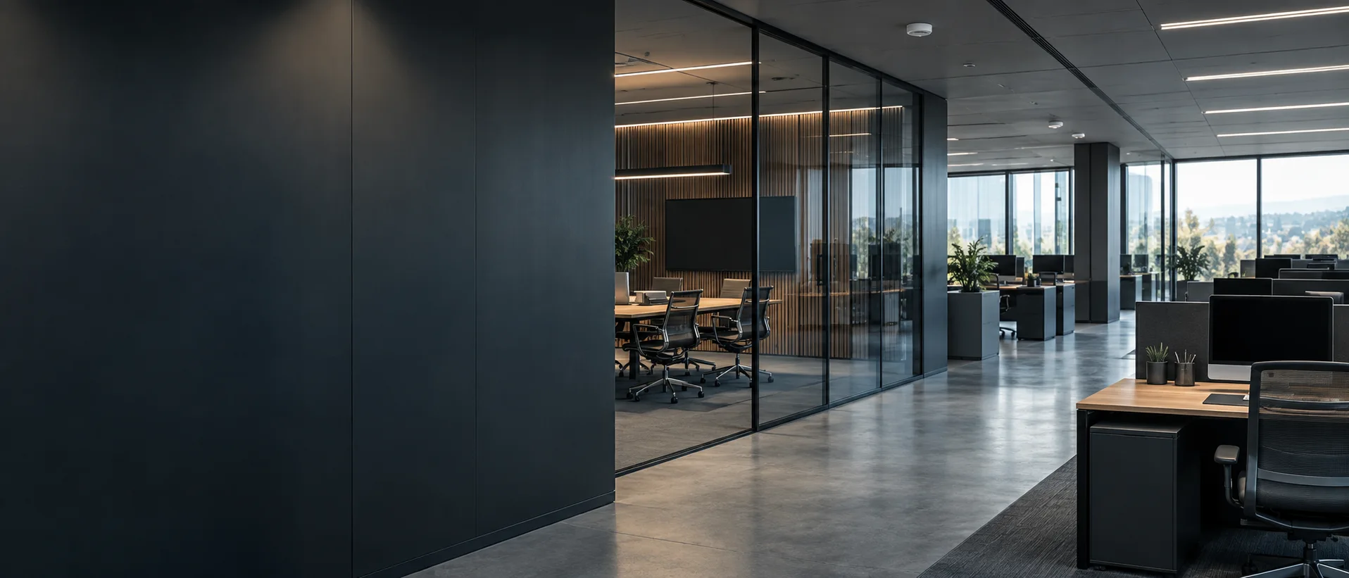 Illustration of a commercial office reception and meeting spaces