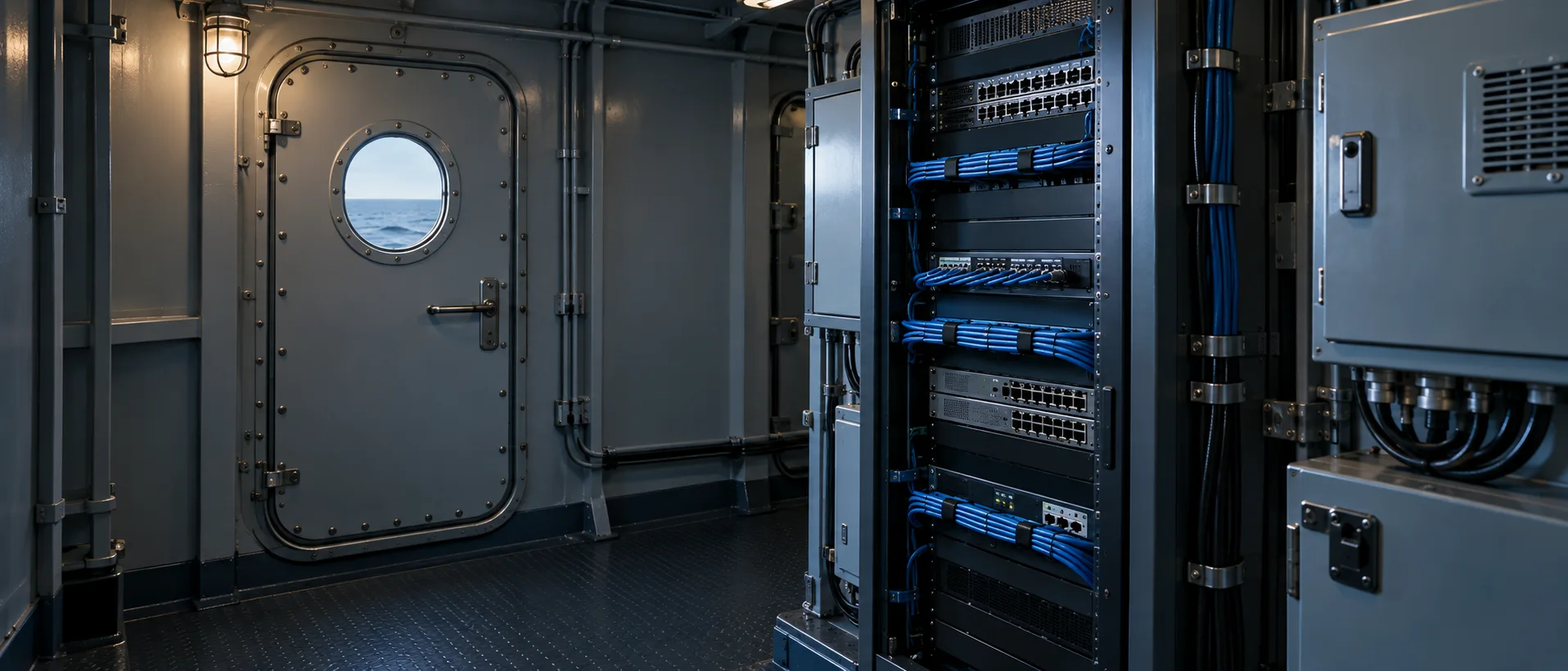 Illustration of a network equipment rack inside a vessel technical compartment