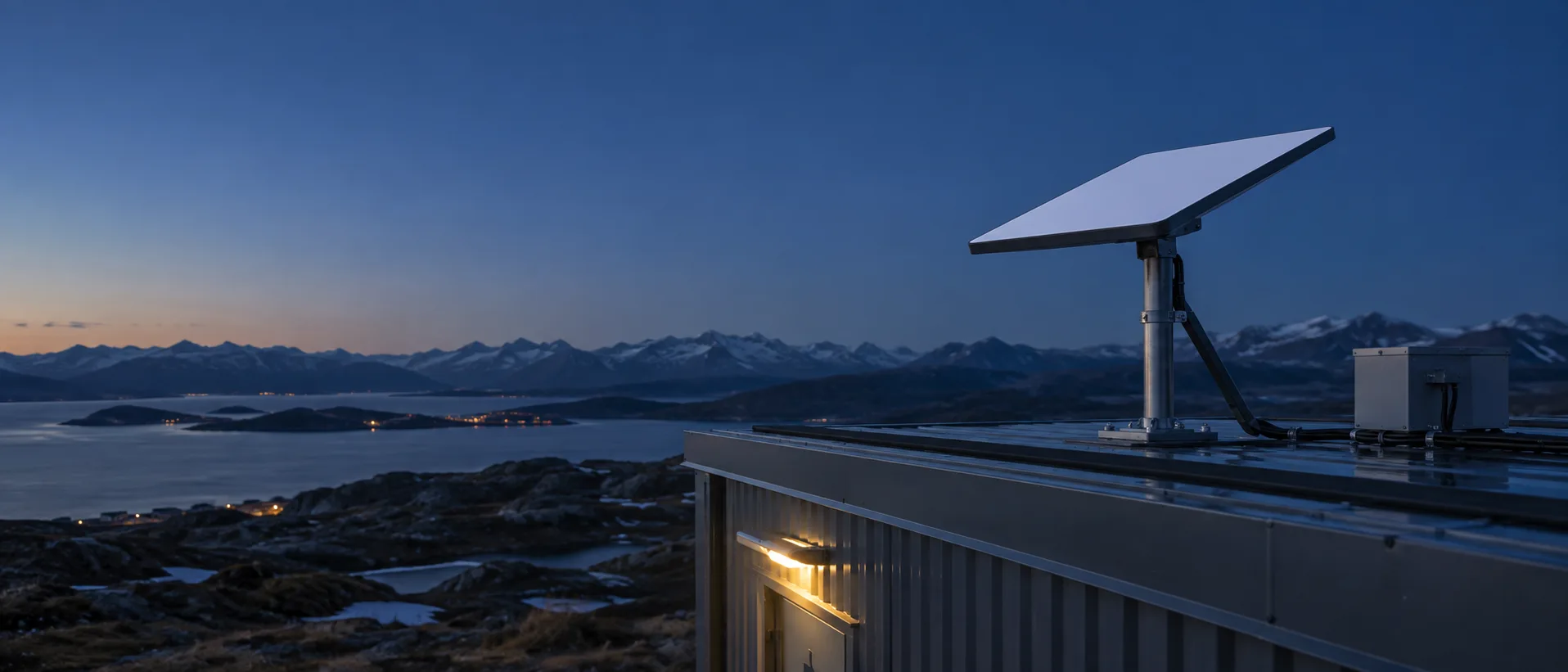 Illustration of a flat-panel satellite terminal mounted above a remote site cabin