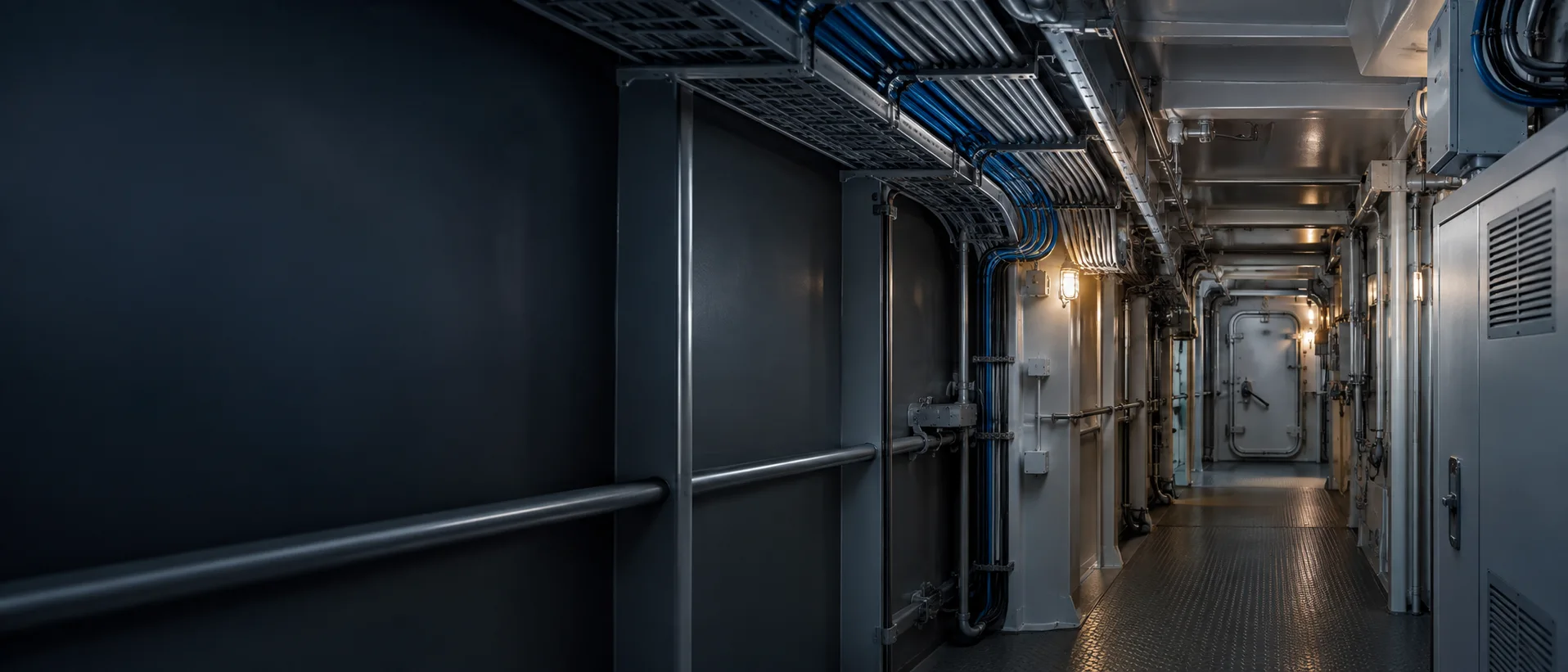 Illustration of supported cable trays running along a vessel technical passage
