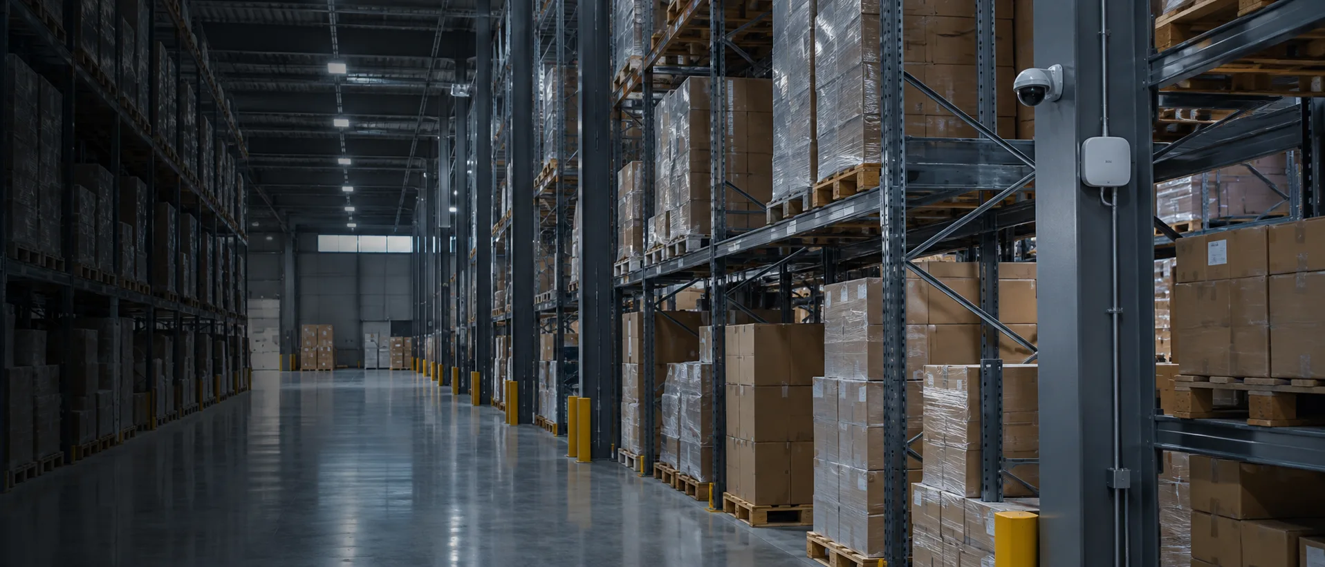 Illustration of warehouse storage aisles with mounted camera and wireless equipment