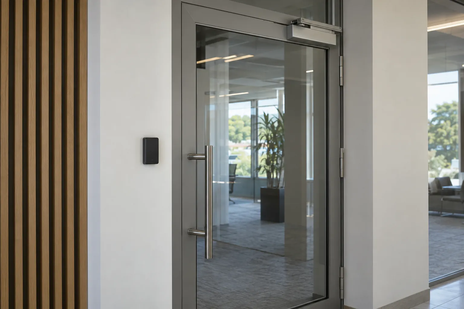 Access reader beside a glass commercial entrance door