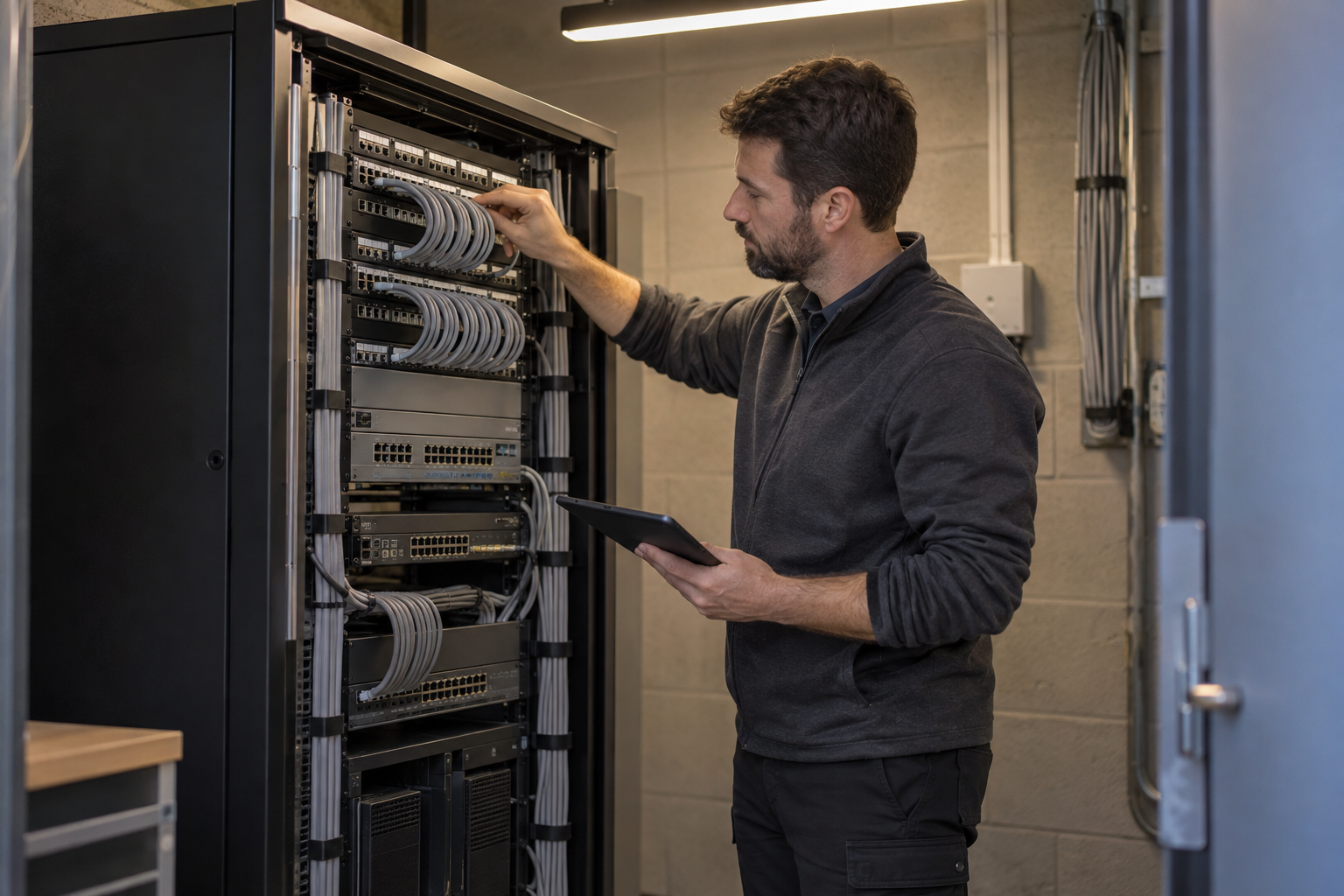Technician beside organised patch panels and network switches