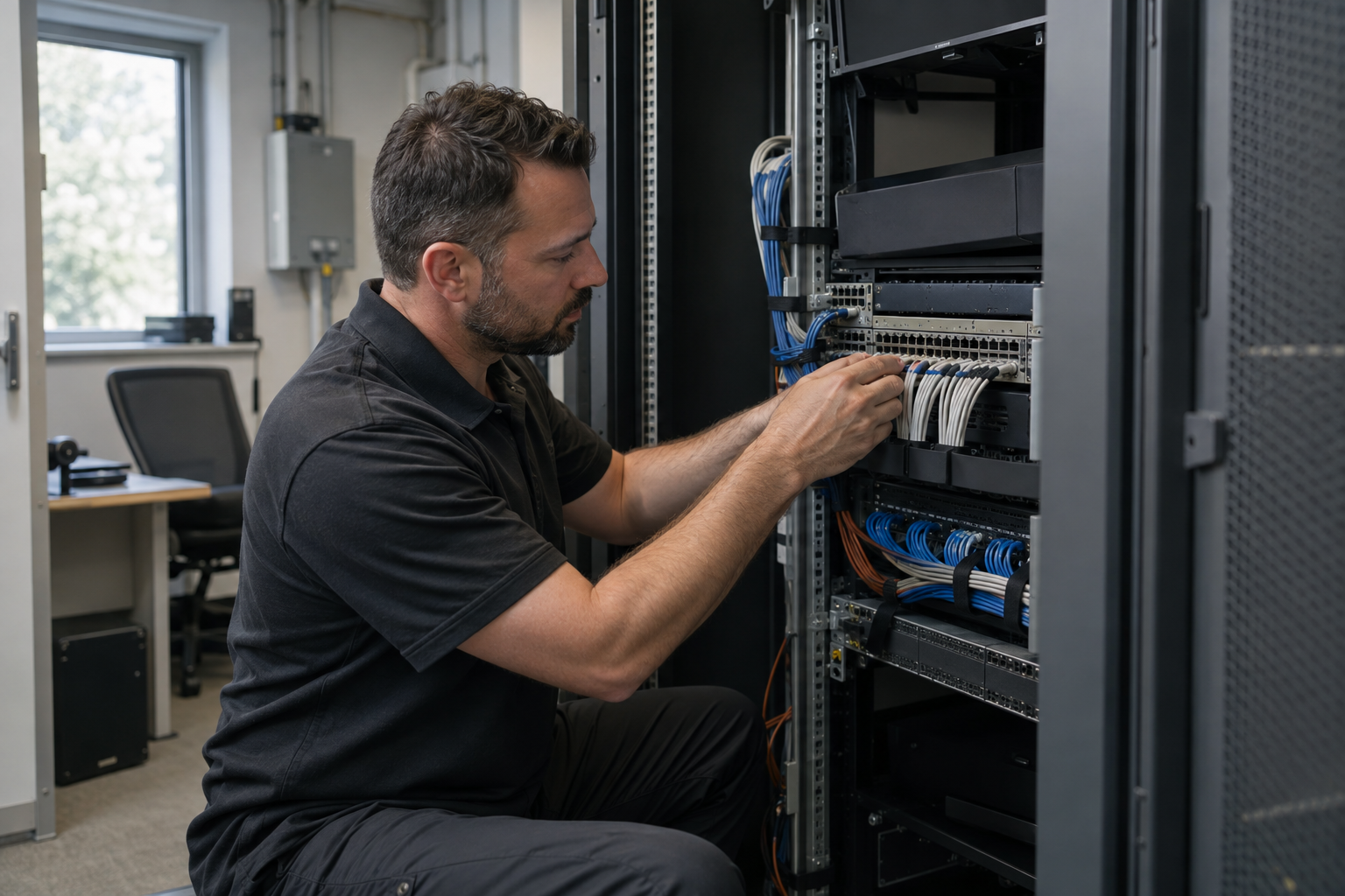 Technician working on copper cable terminations in an open network cabinet