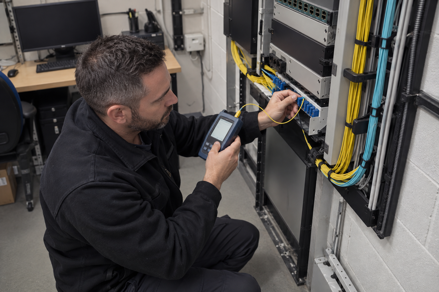 Technician checking a fibre connection with an optical test instrument