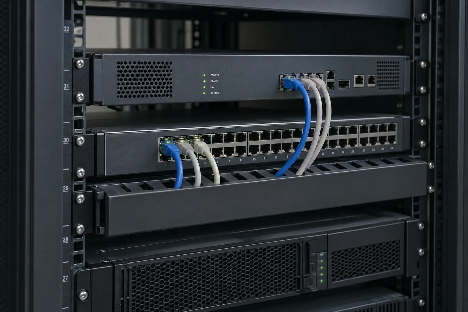 Rack-mounted network appliances and organised Ethernet connections