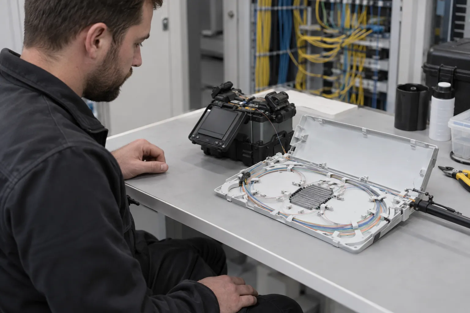 Technician working with fibre preparation equipment and an open termination tray