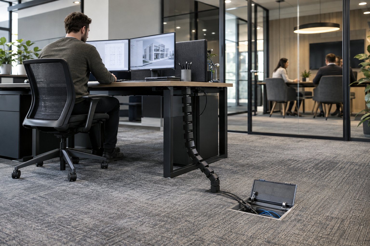 Commercial office workstations and meeting space with connected equipment
