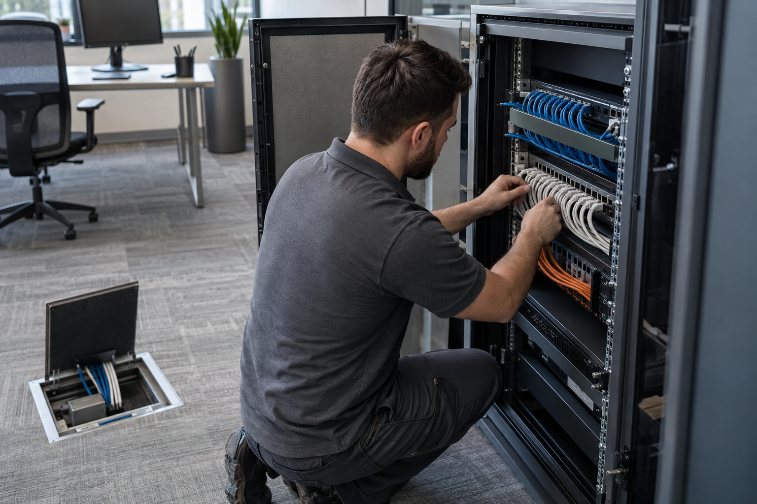 Technician working on copper cable terminations in an open network cabinet