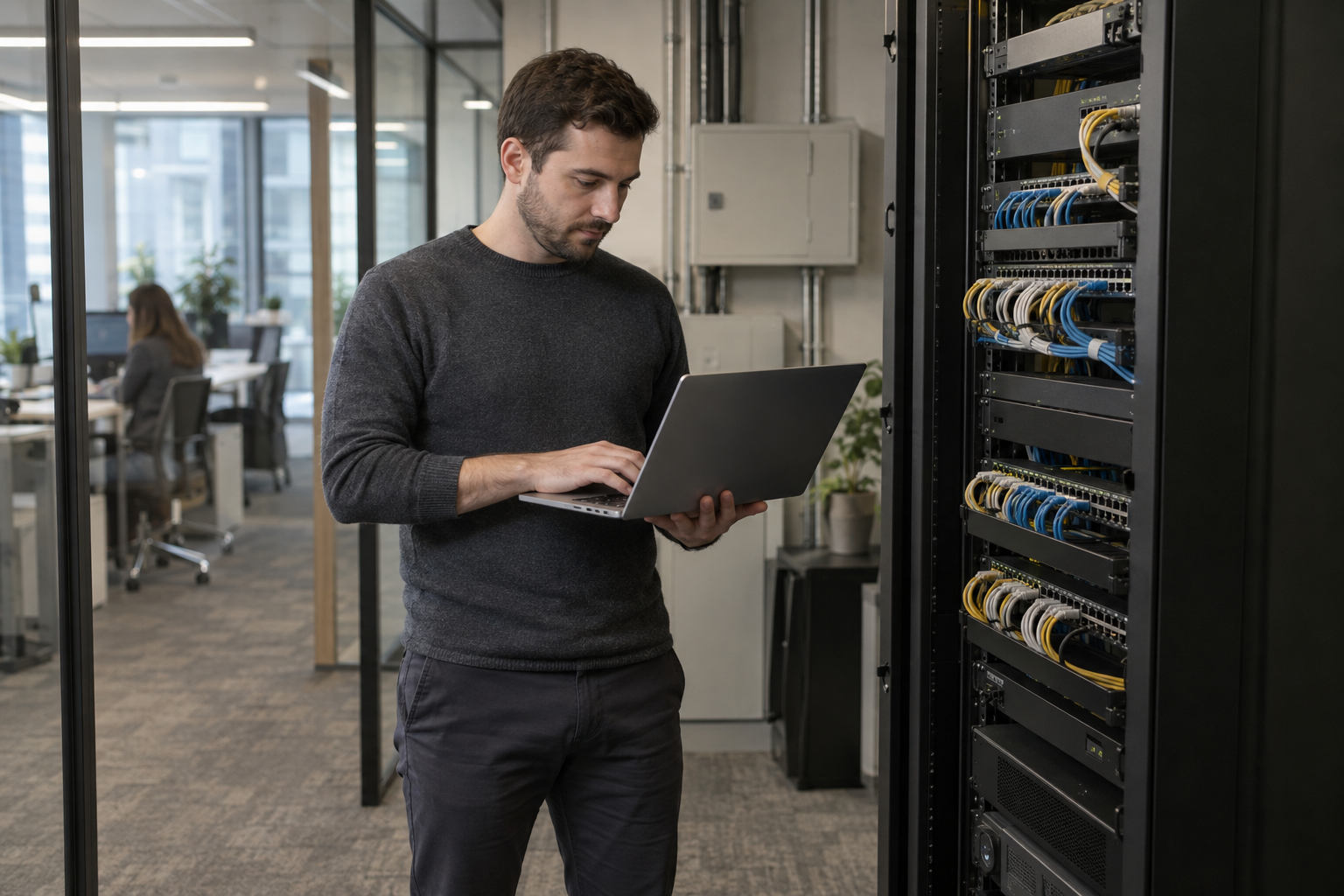 Engineer using a laptop beside switches and patch panels in a network rack