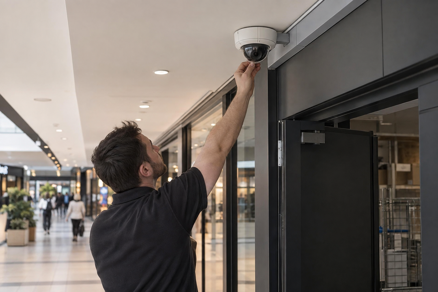 Shopping-centre corridor with a ceiling-mounted security camera