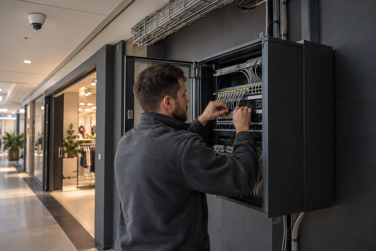 Technician working on copper cable terminations in an open network cabinet