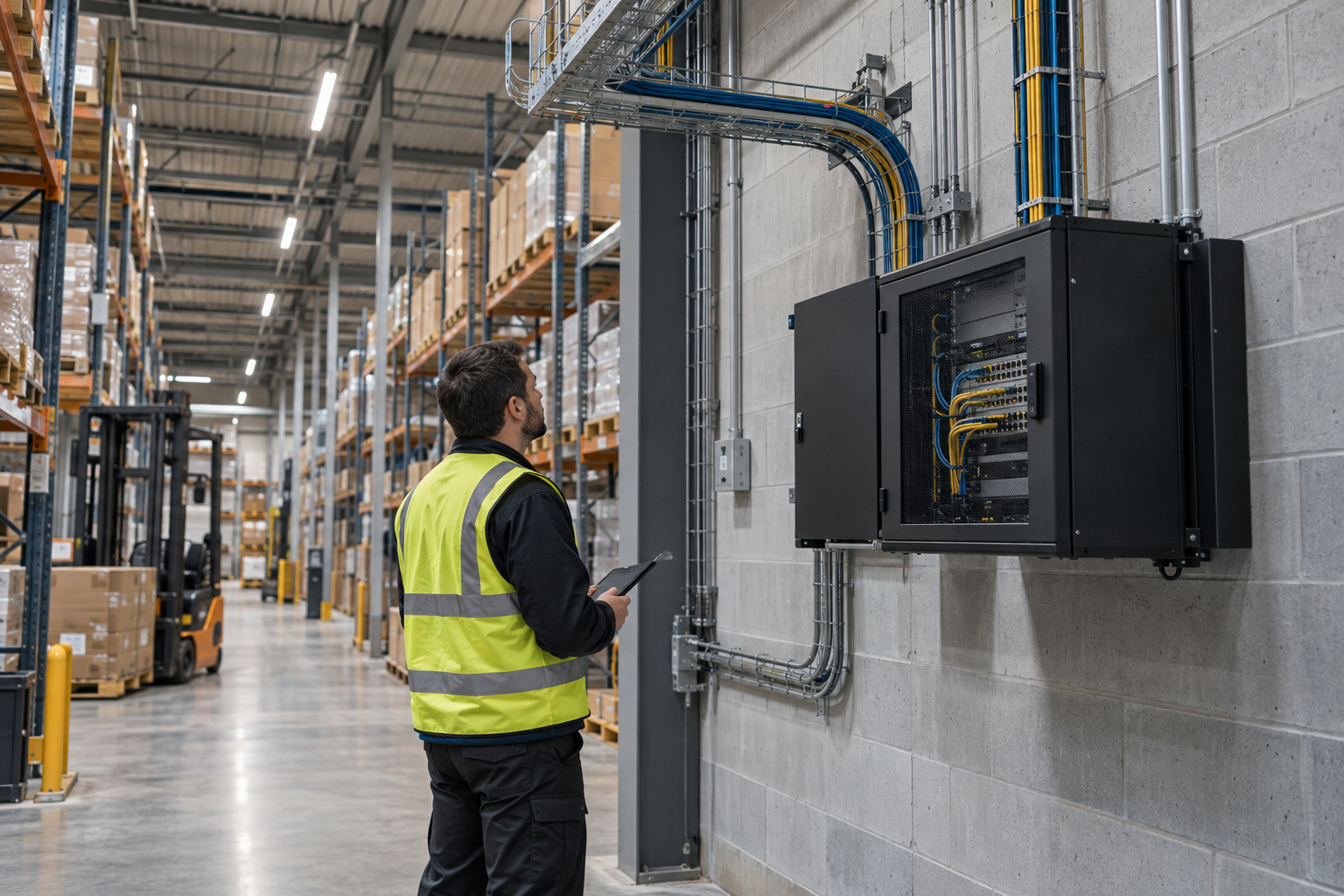Warehouse aisles with high-level cabling and mounted network equipment