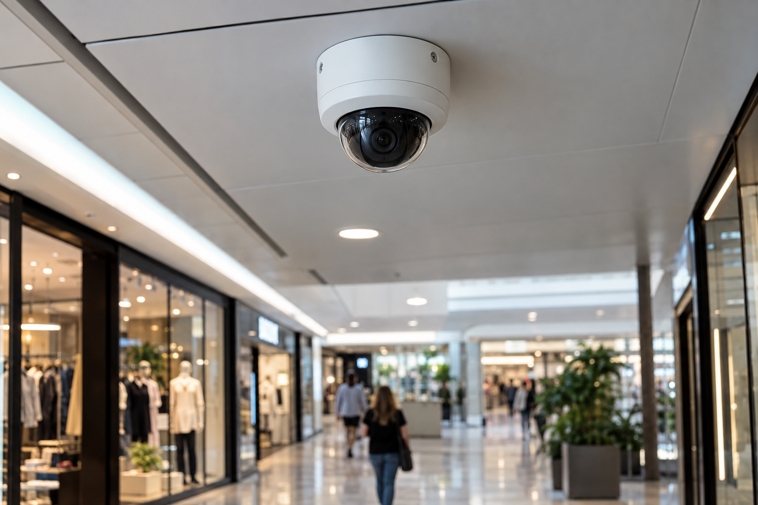 Shopping-centre corridor with a ceiling-mounted security camera