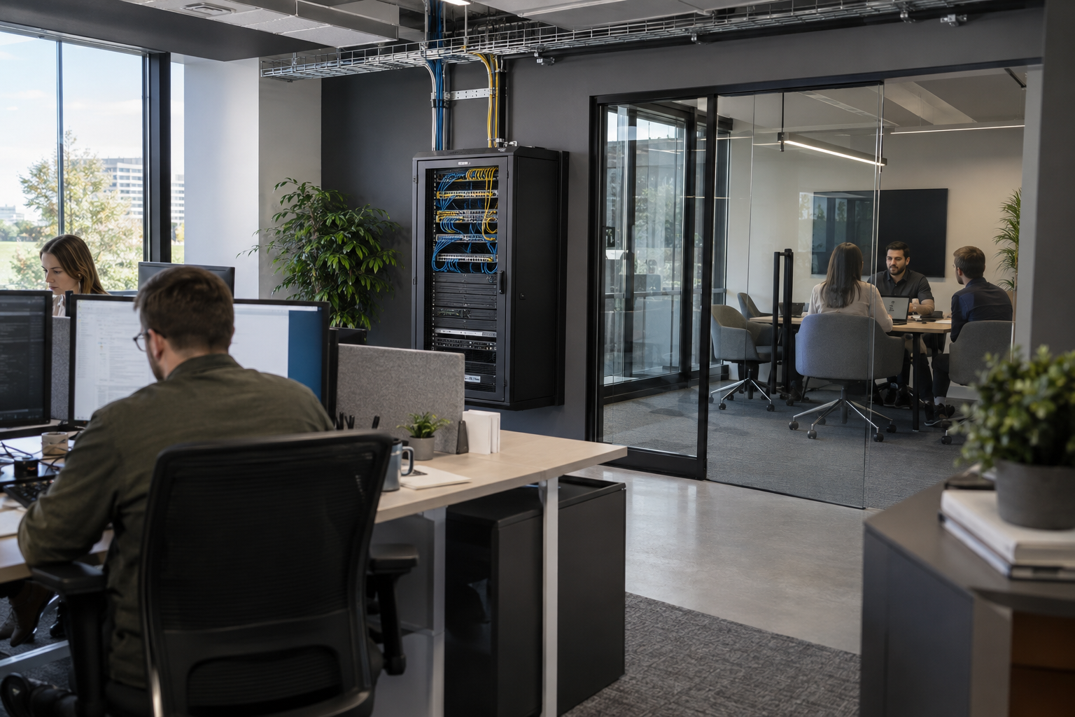 Commercial office workstations and meeting space with connected equipment