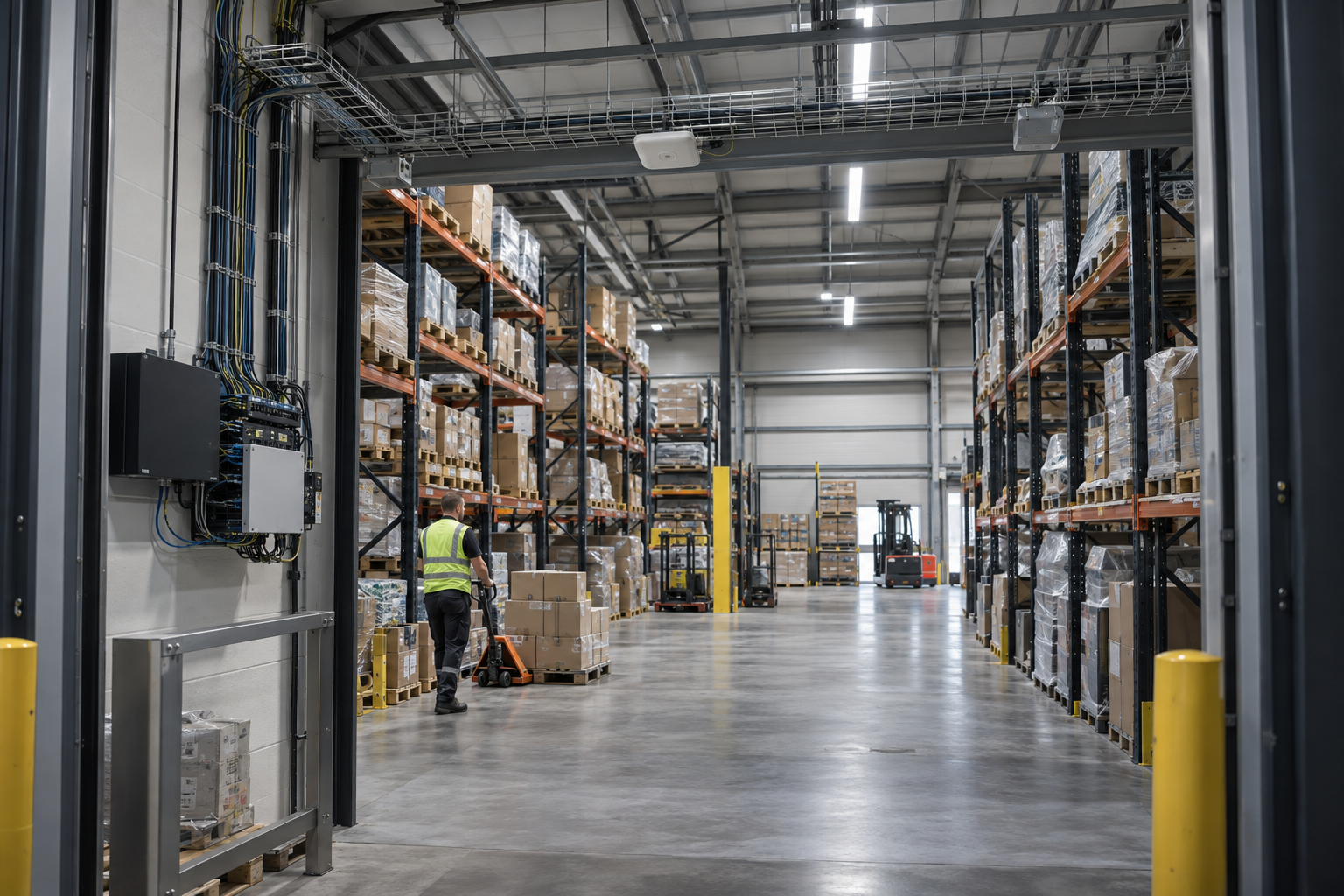Warehouse aisles with high-level cabling and mounted network equipment