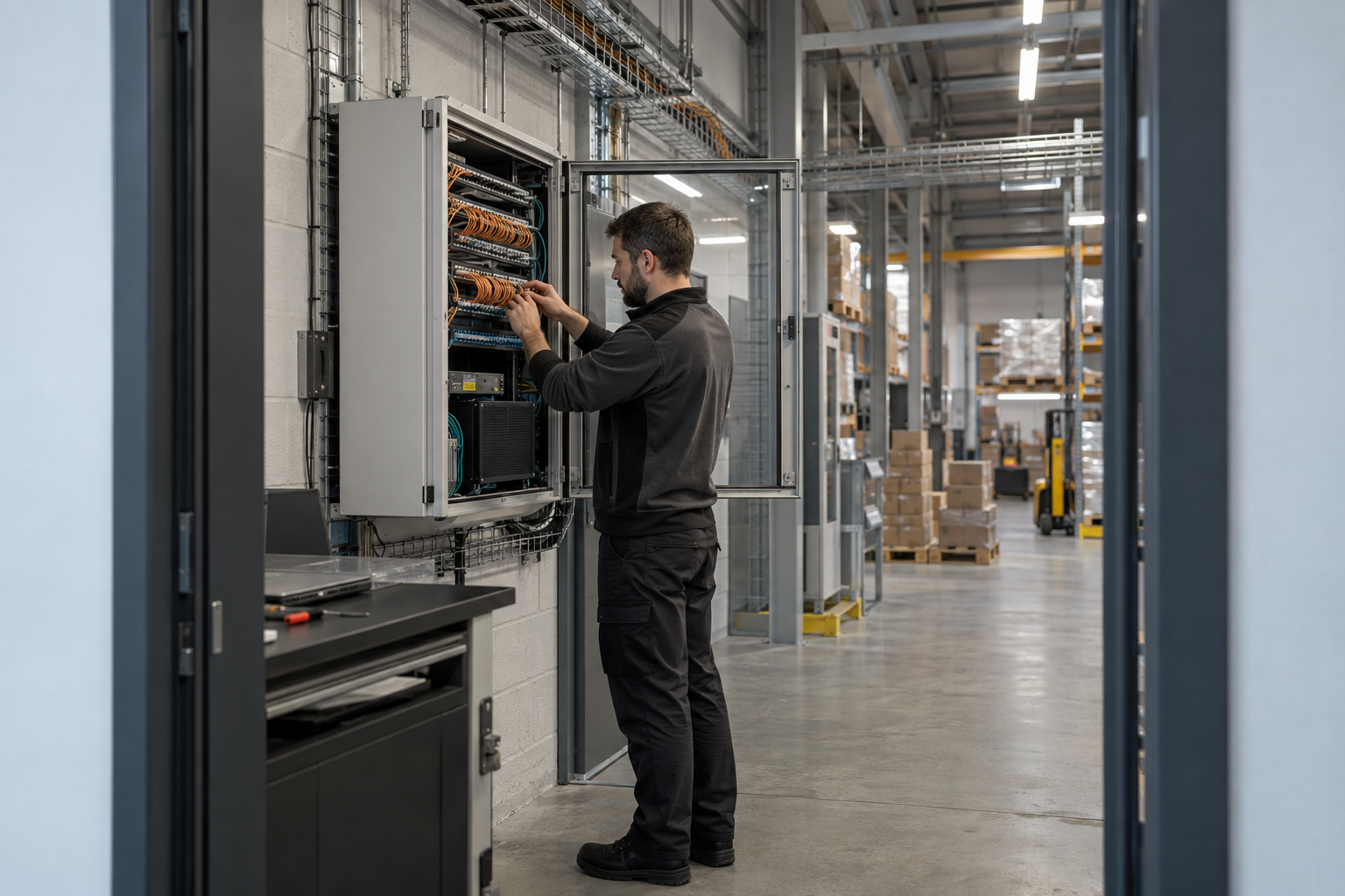 Technician working on copper cable terminations in an open network cabinet