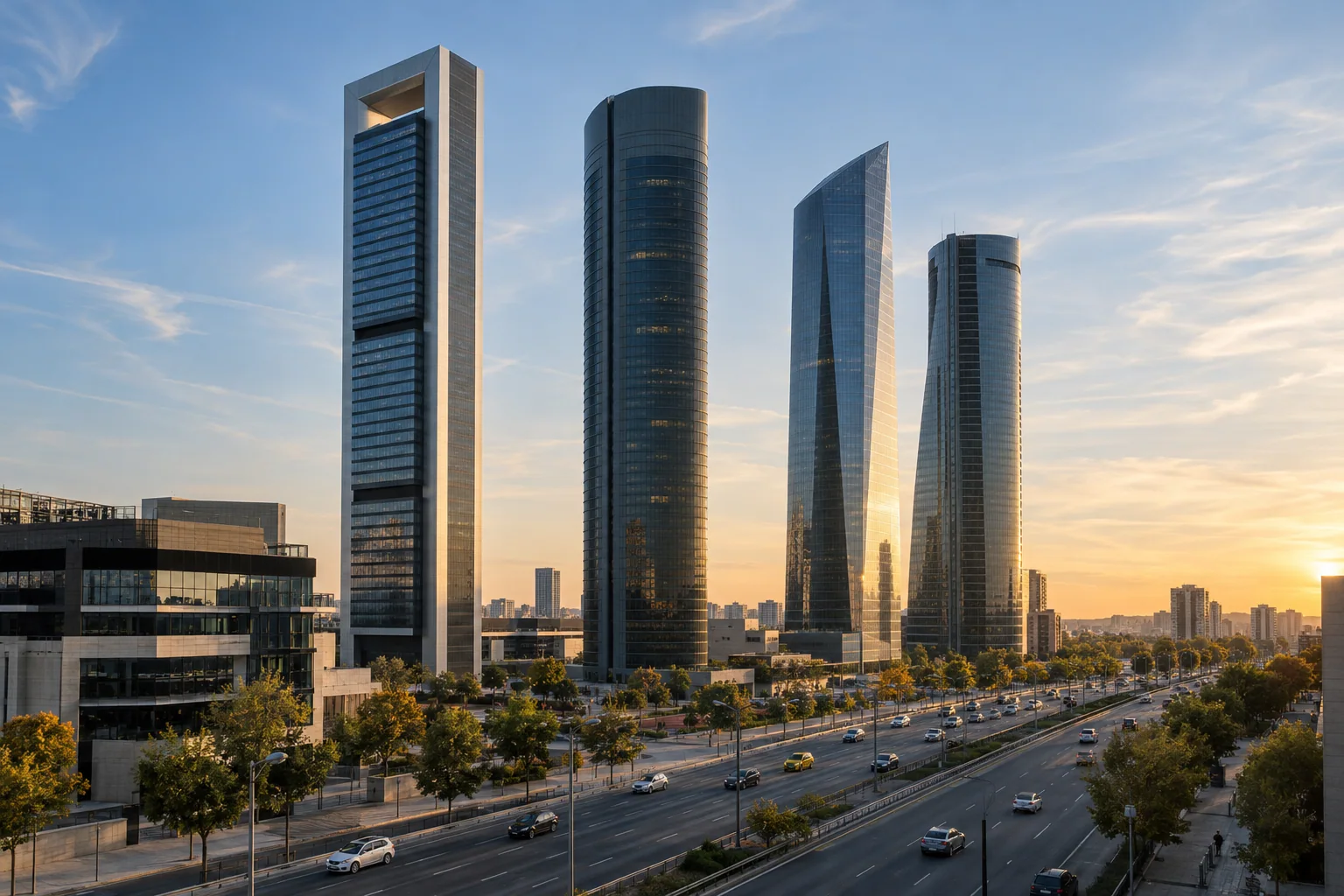 Illustrative modern business towers in northern Madrid.