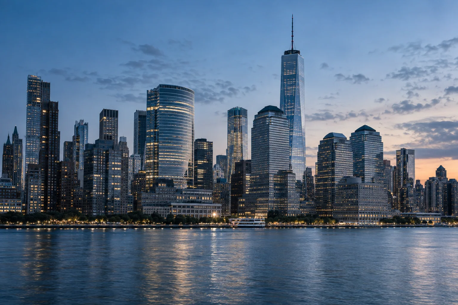 Illustrative New York commercial skyline viewed across the waterfront.