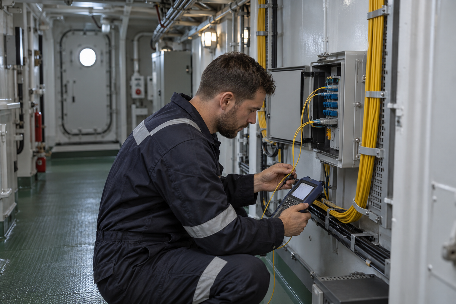 Technician checking a fibre connection with an optical test instrument