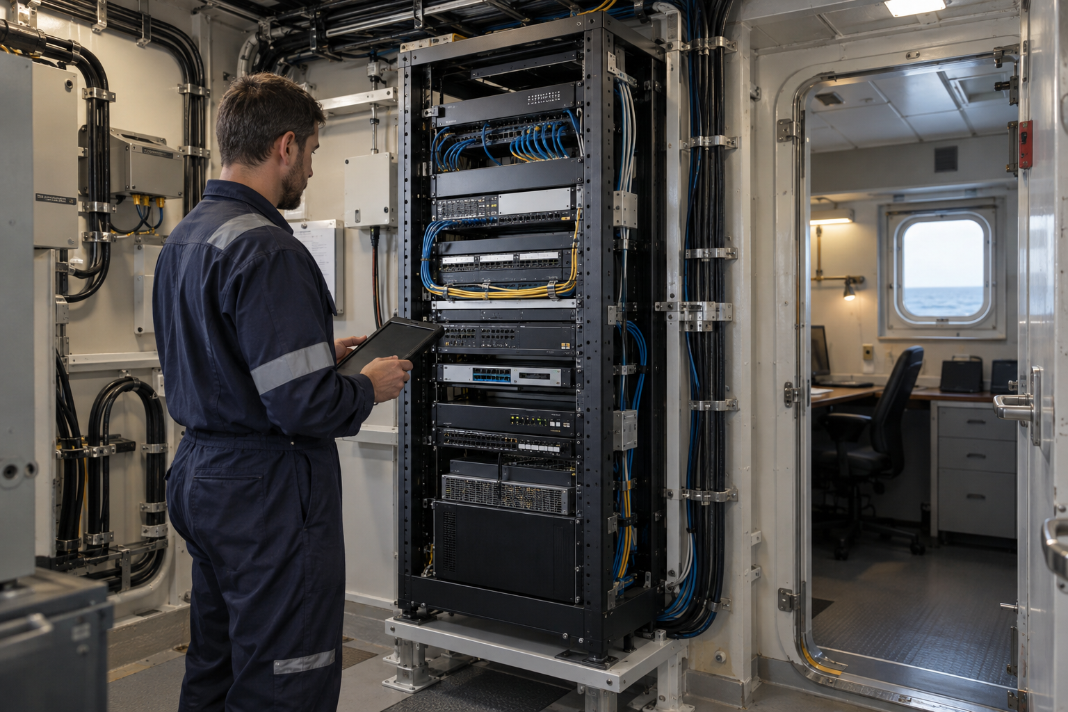 Communications rack installed in a vessel technical space