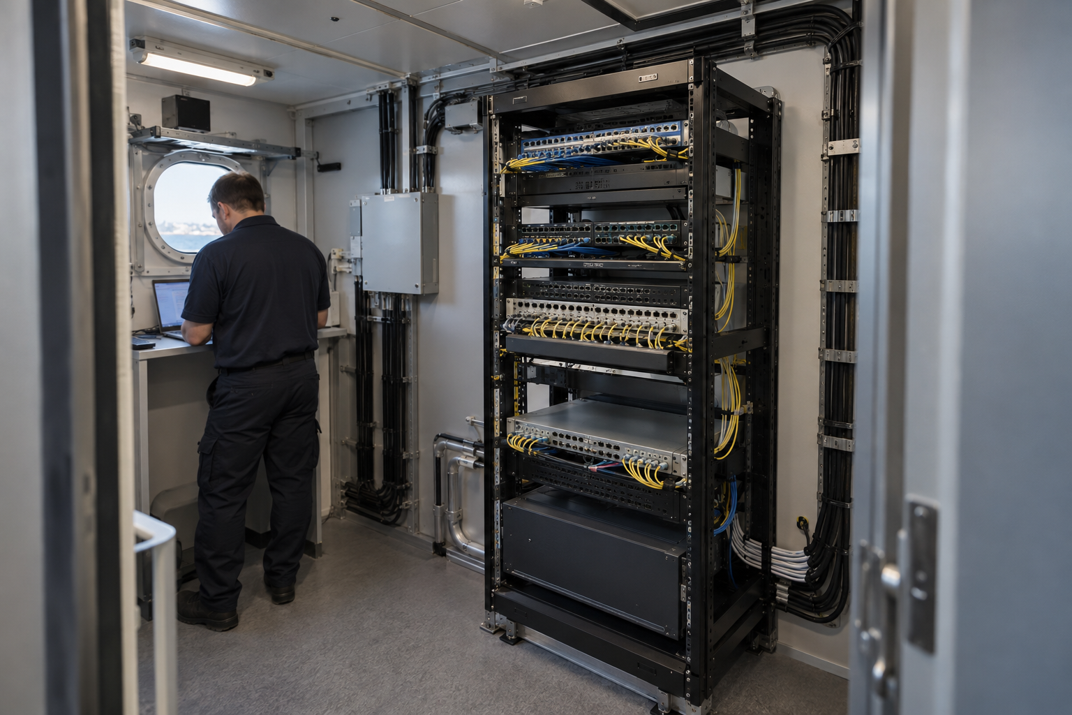 Fibre distribution shelves and managed patch cords in a vessel technical room