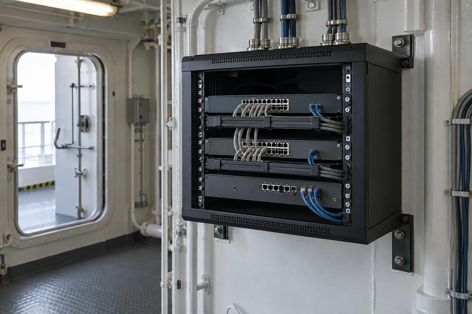 Communications rack installed in a vessel technical space