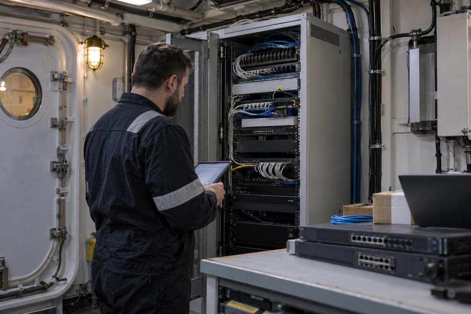 Communications rack installed in a vessel technical space