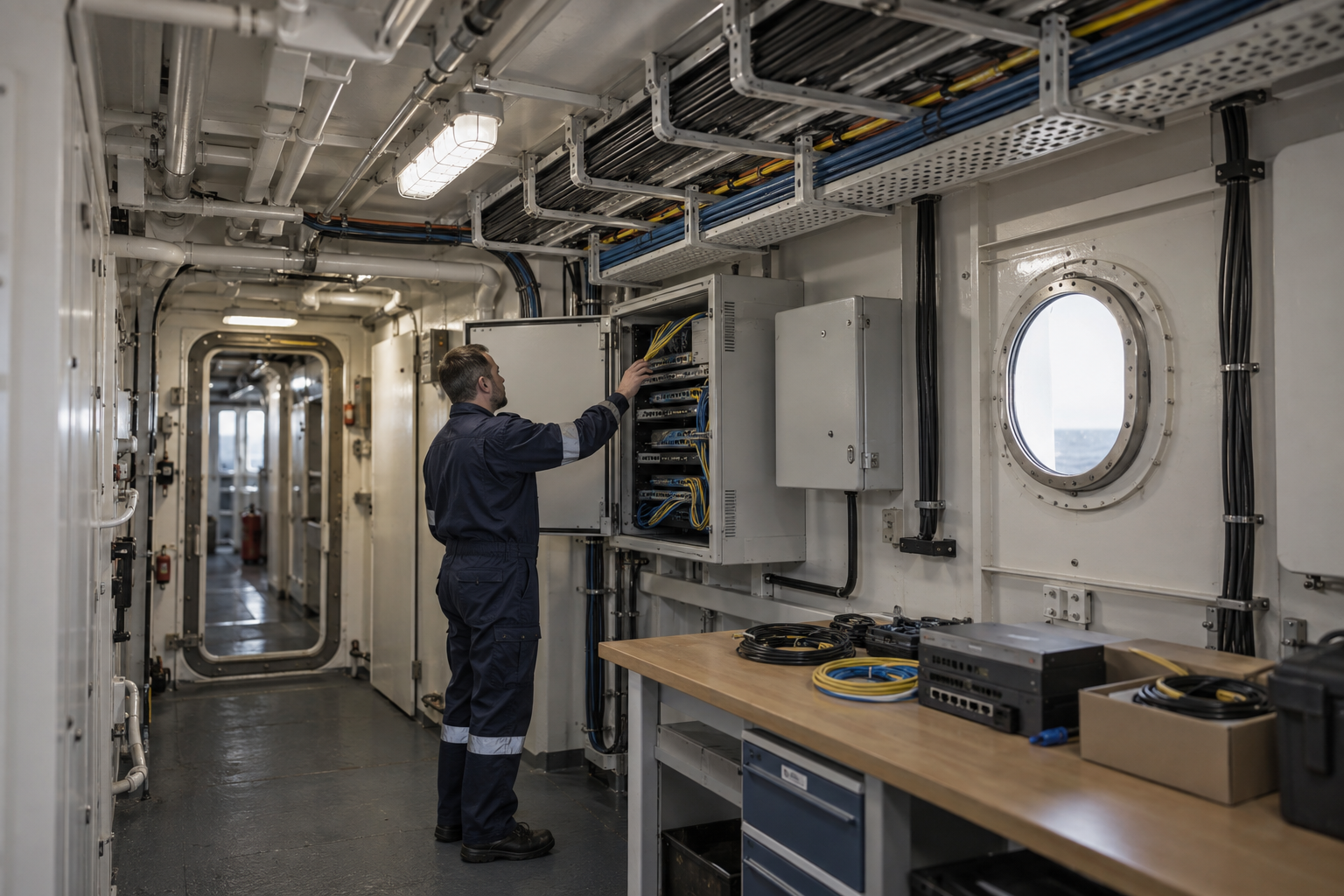 Supported cable trays along an internal vessel passage