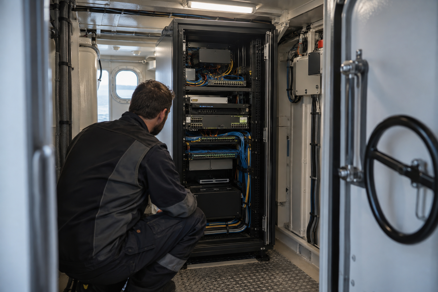 Communications rack installed in a vessel technical space