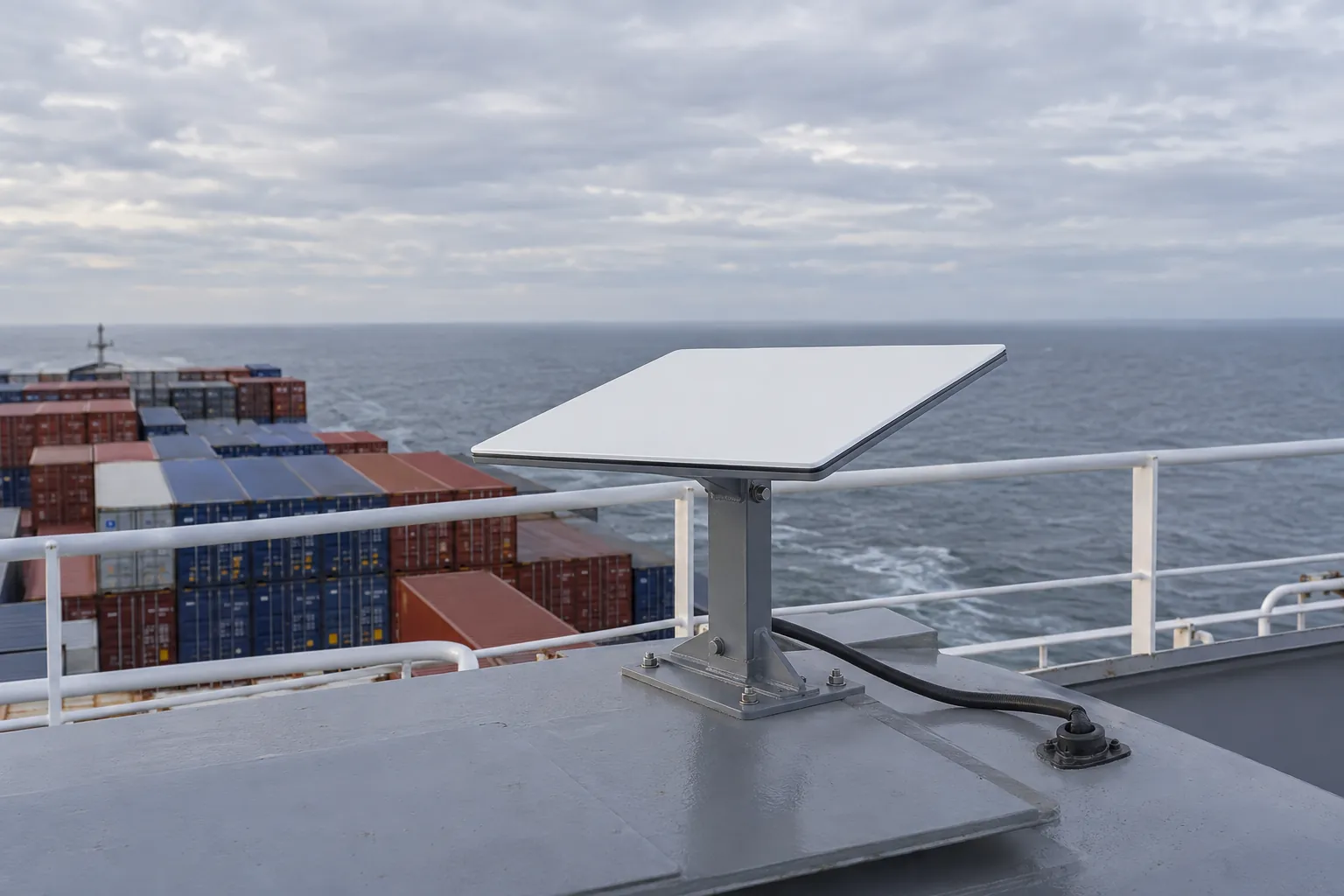 Flat satellite terminal mounted above a commercial vessel deck