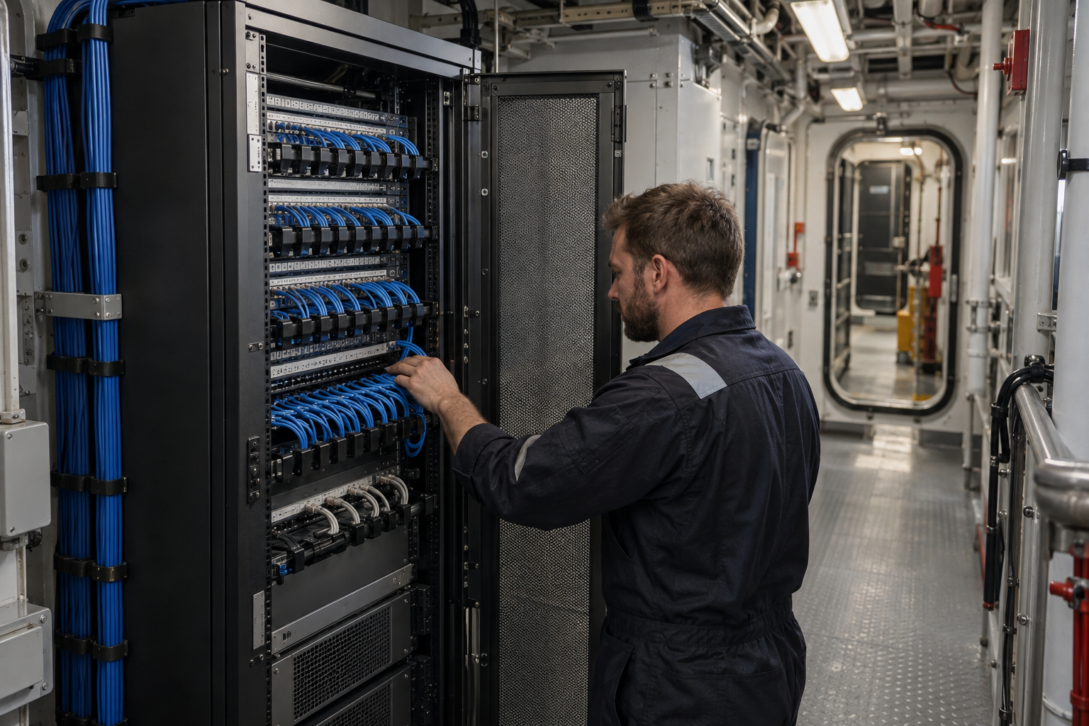 Communications rack installed in a vessel technical space