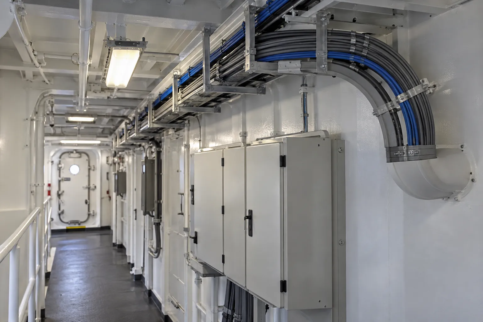 Supported cable trays along an internal vessel passage