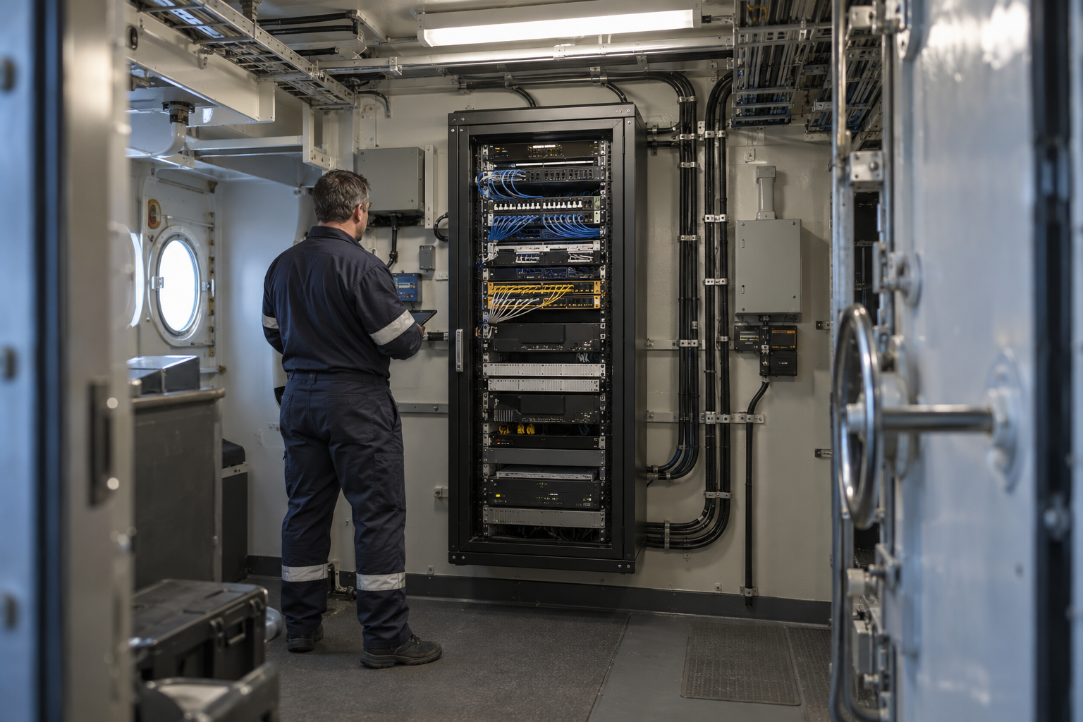 Communications rack installed in a vessel technical space