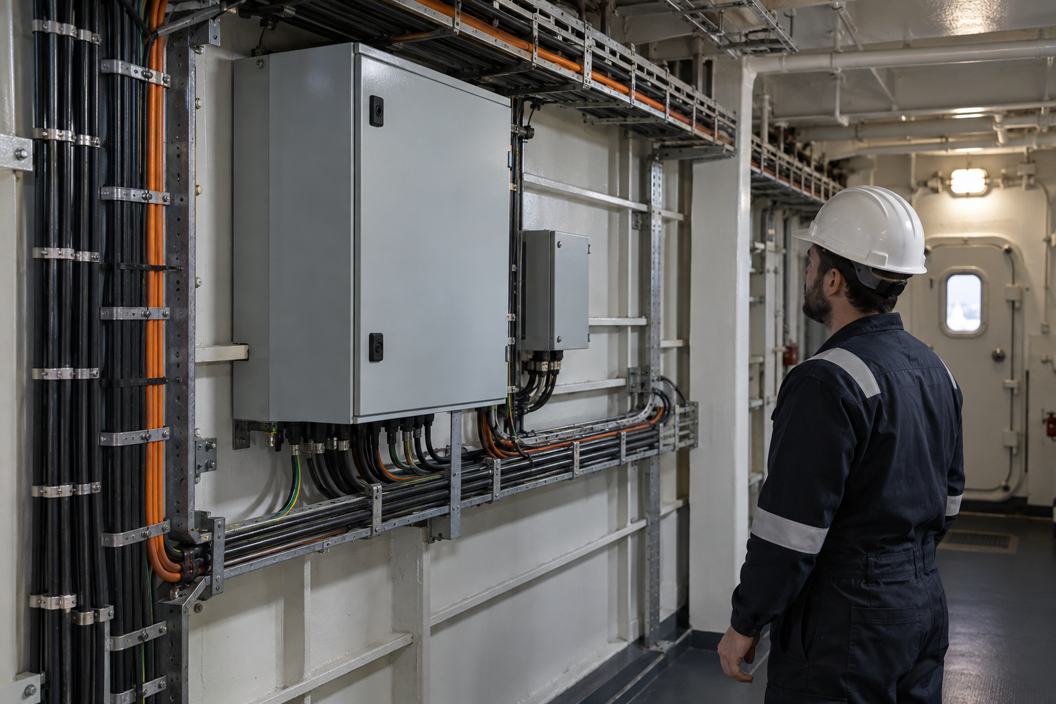 Supported cable trays along an internal vessel passage