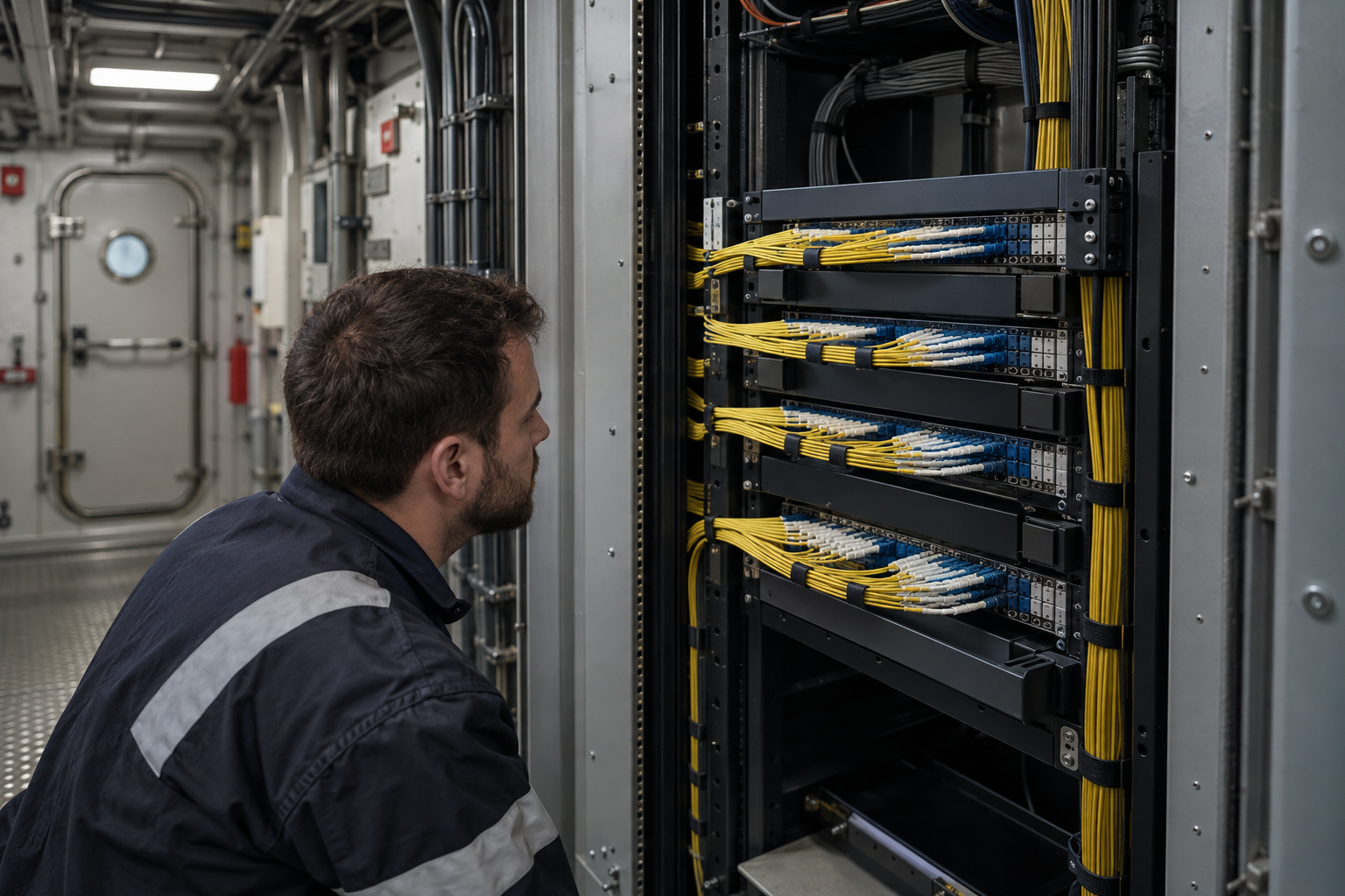 Fibre distribution shelves and managed patch cords in a vessel technical room
