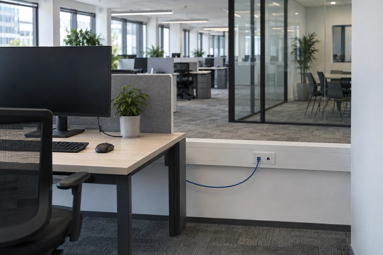 Commercial office workstations and meeting space with connected equipment