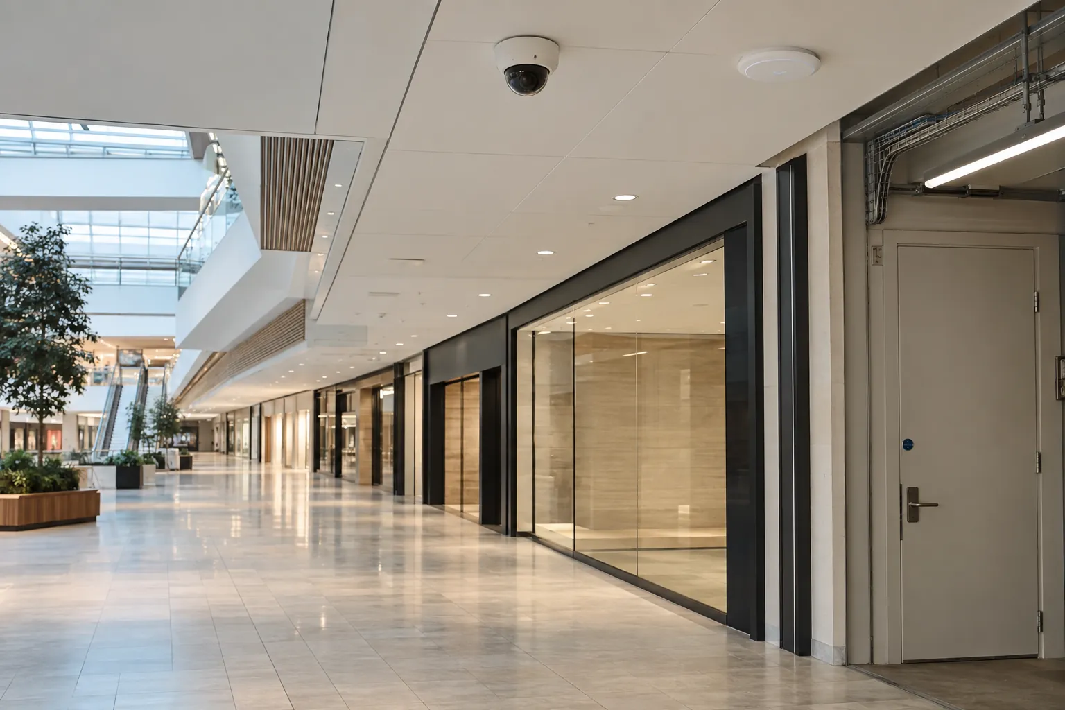 Shopping-centre corridor with a ceiling-mounted security camera