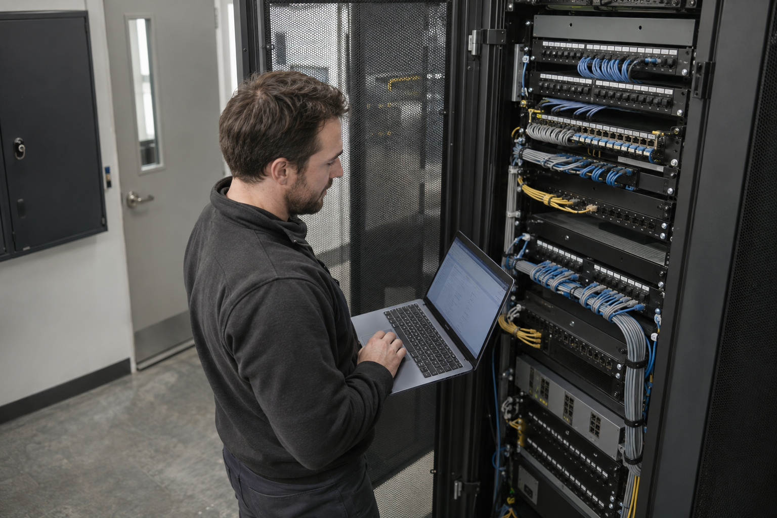 Engineer using a laptop beside switches and patch panels in a network rack