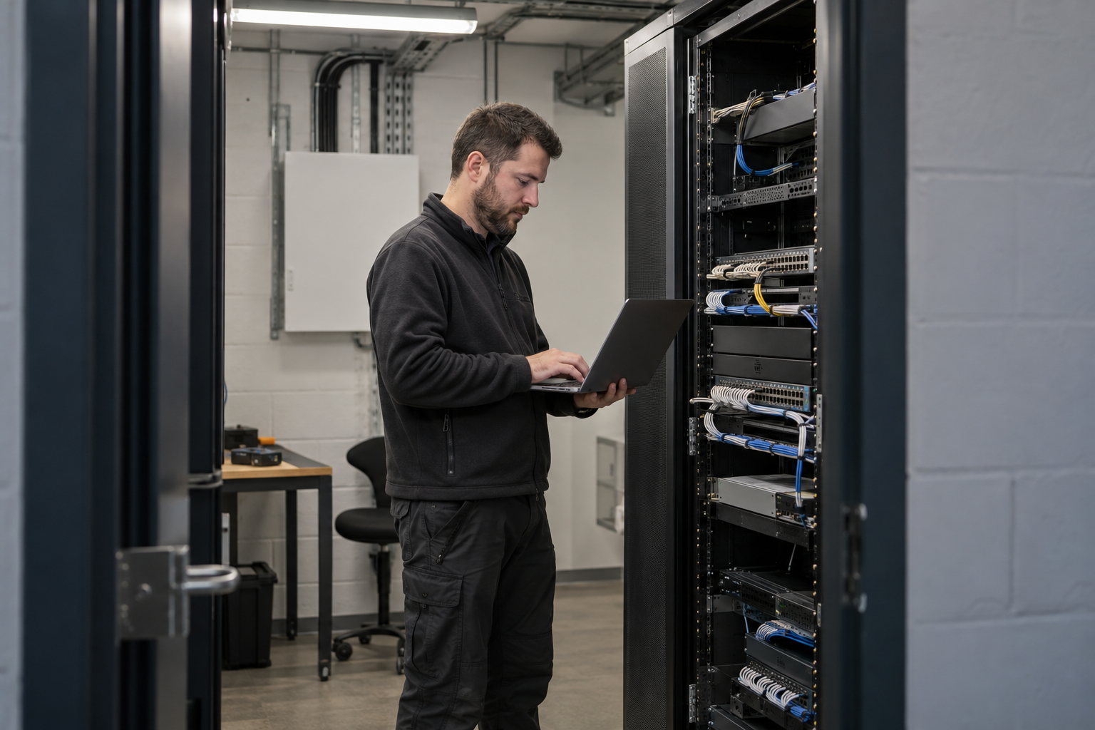 Engineer using a laptop beside switches and patch panels in a network rack