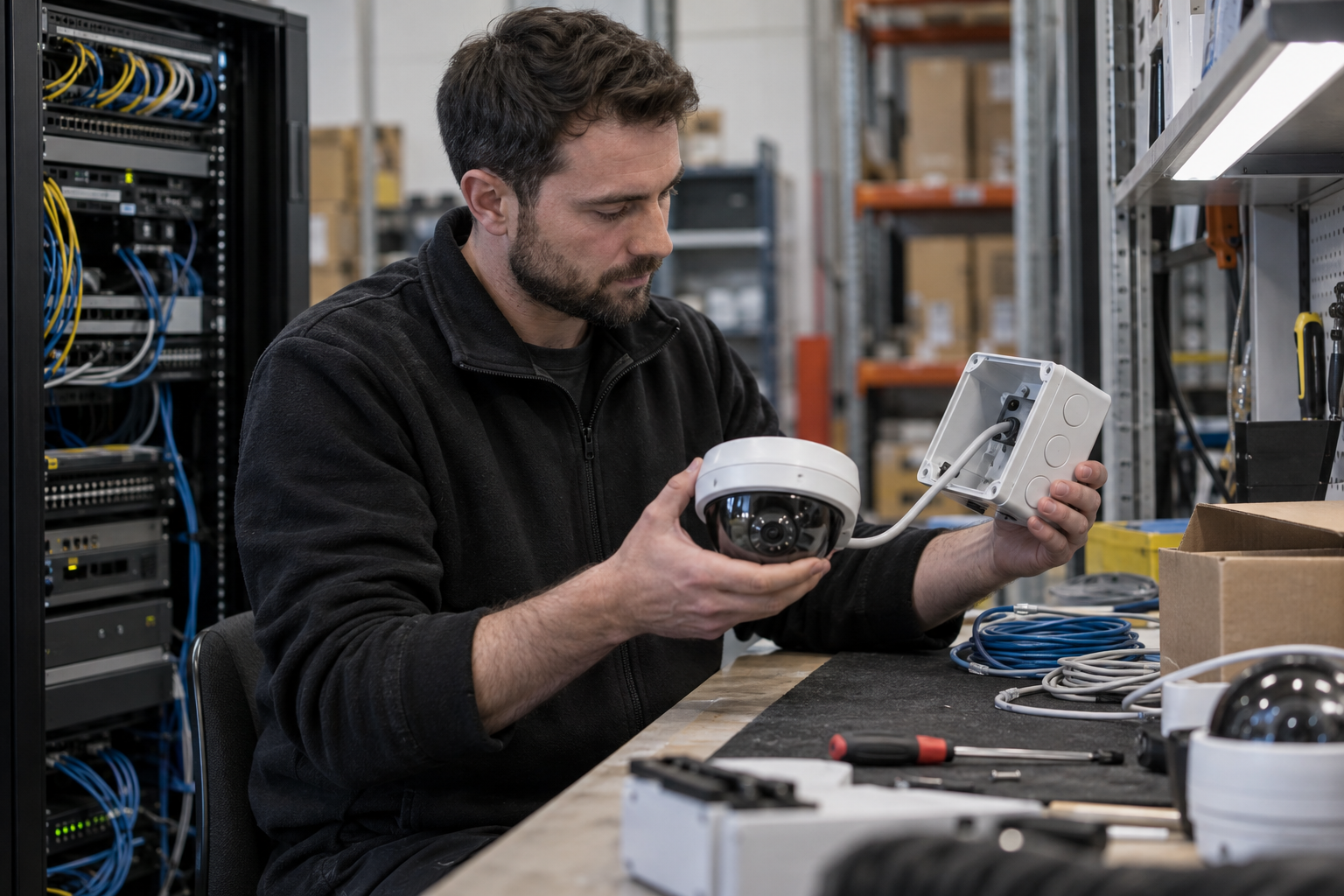 Technician checking a network camera and junction box at a warehouse workbench