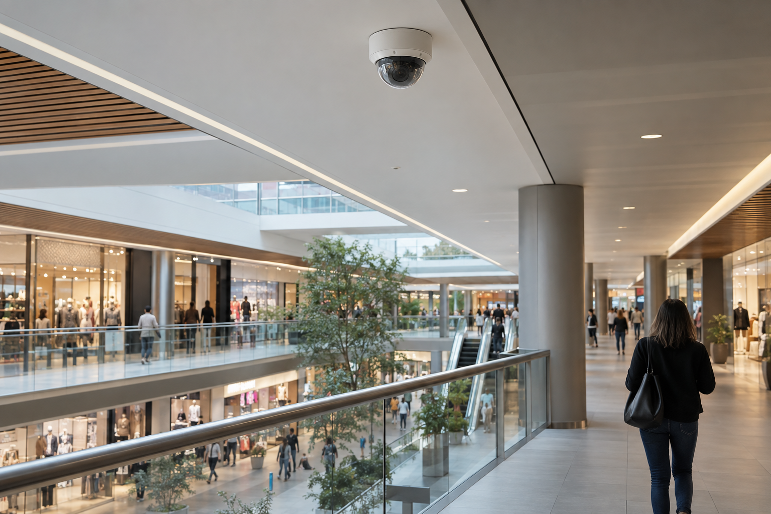 Shopping-centre corridor with a ceiling-mounted security camera