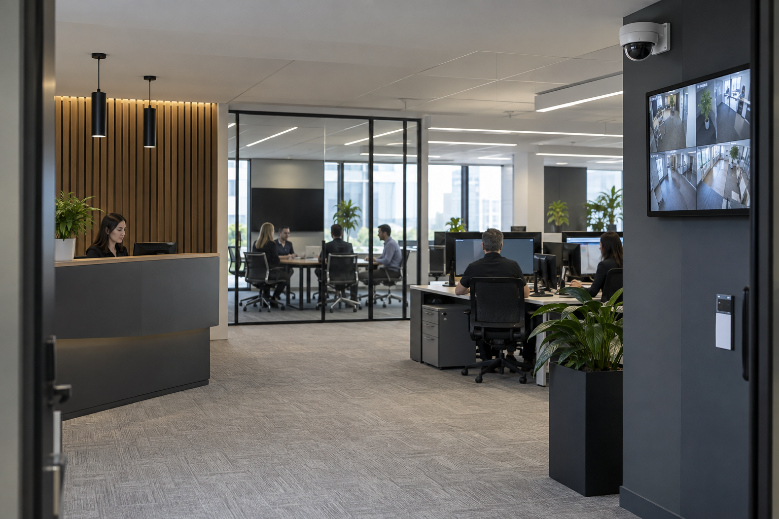 Commercial office workstations and meeting space with connected equipment