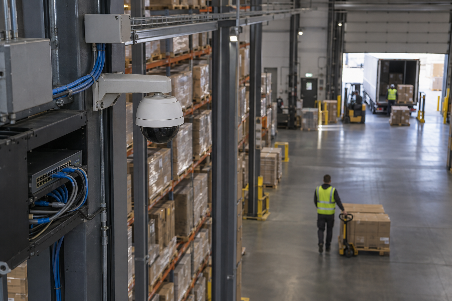 Warehouse aisles with high-level cabling and mounted network equipment