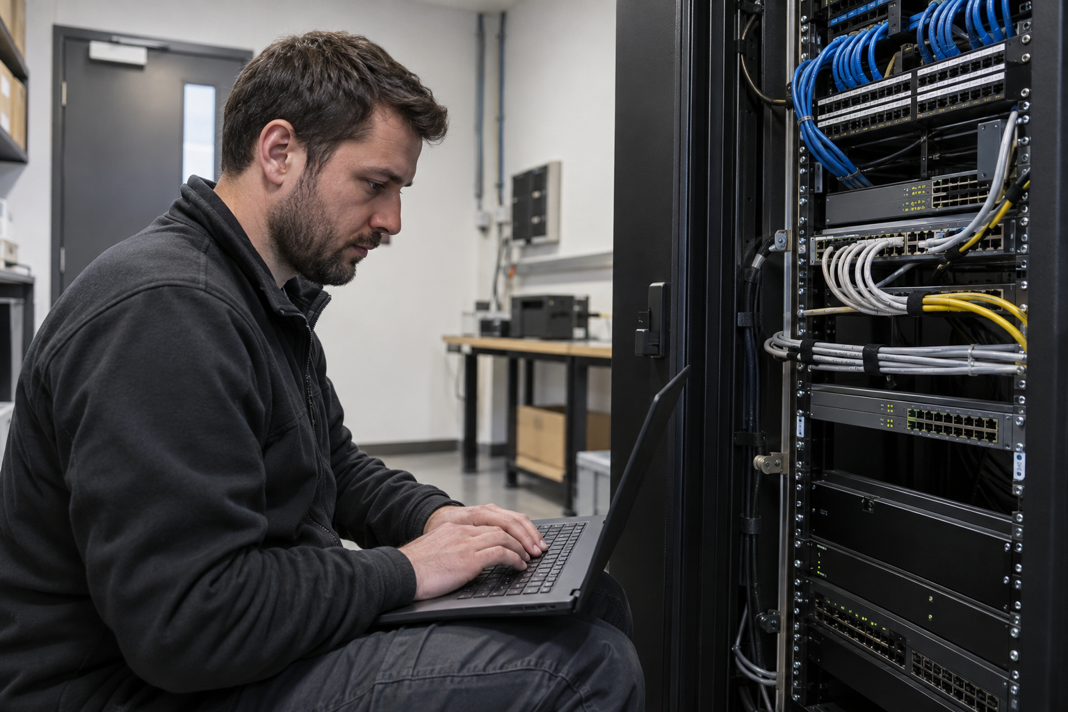 Engineer using a laptop beside switches and patch panels in a network rack