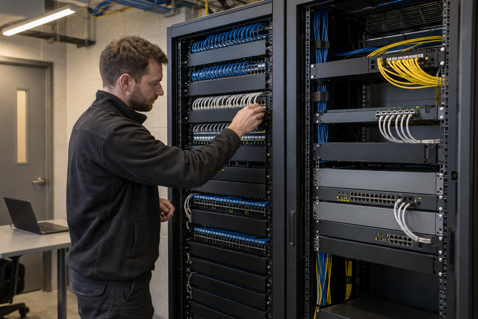 Technician beside organised patch panels and network switches