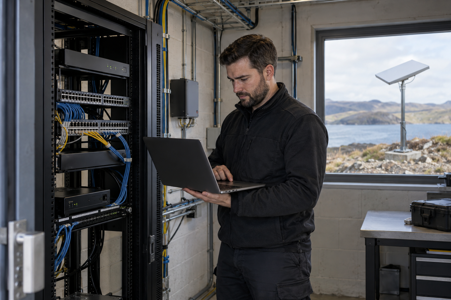 Engineer using a laptop beside switches and patch panels in a network rack