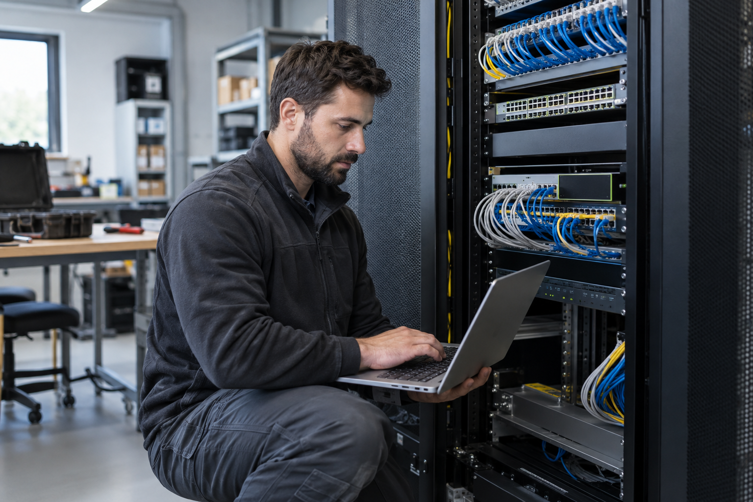 Engineer using a laptop beside switches and patch panels in a network rack